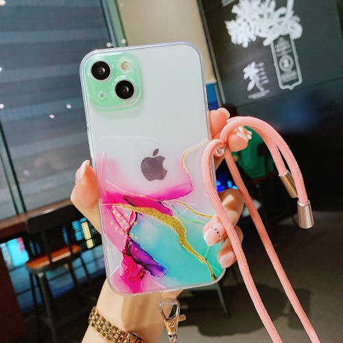 

Hollow Marble Pattern TPU Precise Hole Protective Case with Neck Strap Rope For iPhone 13(Green)