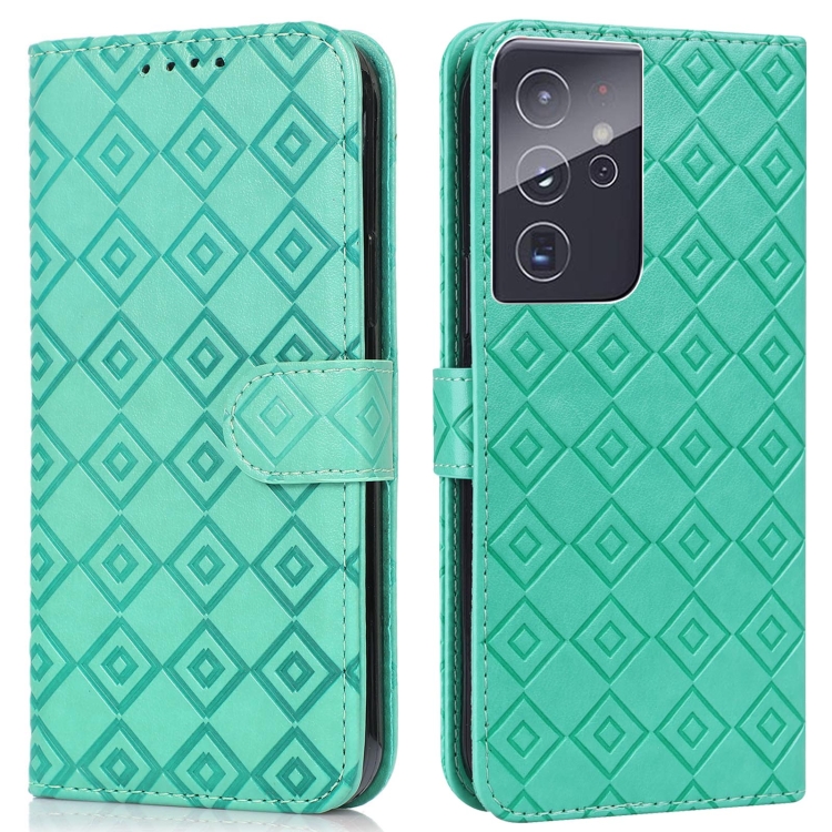 

For Samsung Galaxy S21 Ultra 5G Embossed Big Small Concentric Squares Pattern Horizontal Flip Leather Case with Card Slot & Holder & Wallet(Green)