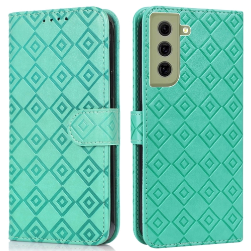 

For Samsung Galaxy S21 FE 5G Embossed Big Small Concentric Squares Pattern Horizontal Flip Leather Case with Card Slot & Holder & Wallet(Green)