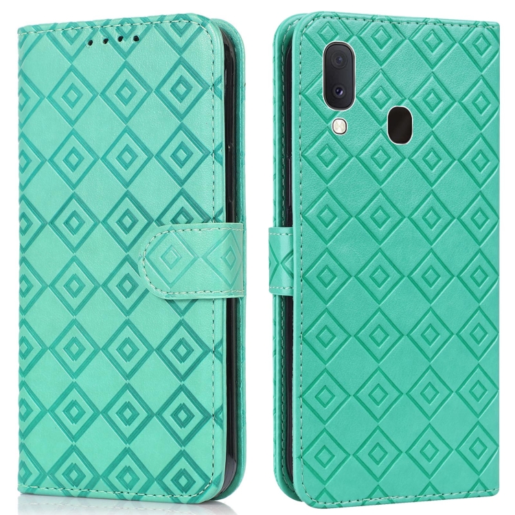 

For Samsung Galaxy A20e Embossed Big Small Concentric Squares Pattern Horizontal Flip Leather Case with Card Slot & Holder & Wallet(Green)