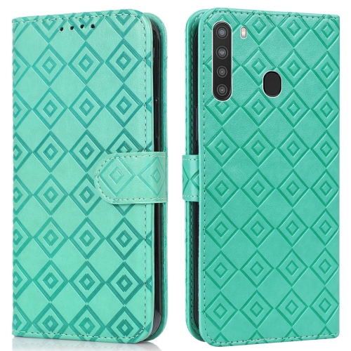 

For Samsung Galaxy A21 Embossed Big Small Concentric Squares Pattern Horizontal Flip Leather Case with Card Slot & Holder & Wallet(Green)