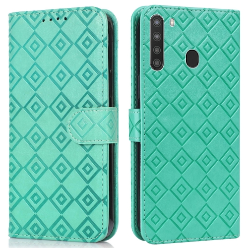 

For Samsung Galaxy A21 US Version Embossed Big Small Concentric Squares Pattern Horizontal Flip Leather Case with Card Slot & Holder & Wallet(Green)