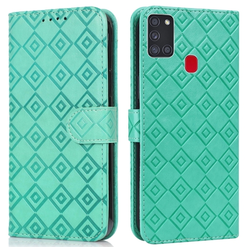 

For Samsung Galaxy A21s Embossed Big Small Concentric Squares Pattern Horizontal Flip Leather Case with Card Slot & Holder & Wallet(Green)