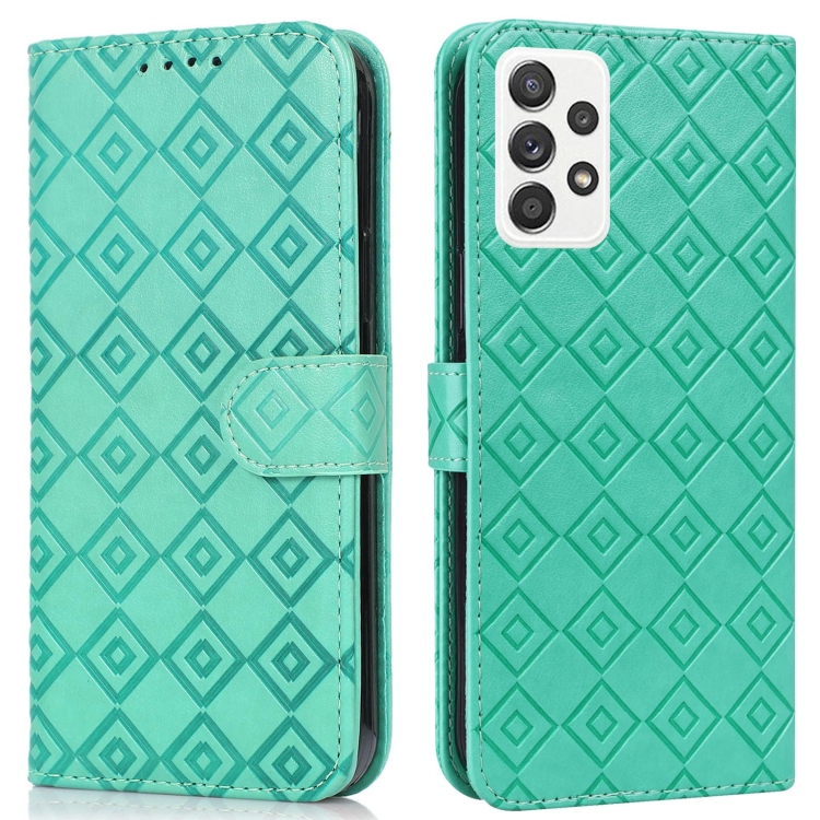 

For Samsung Galaxy A52 5G Embossed Big Small Concentric Squares Pattern Horizontal Flip Leather Case with Card Slot & Holder & Wallet(Green)