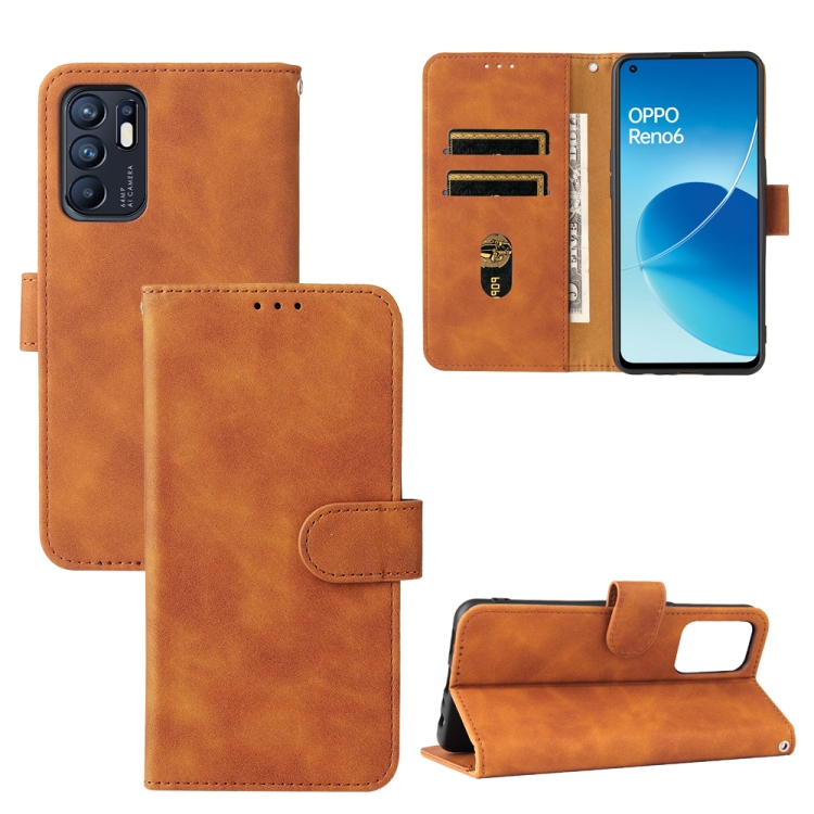 

For OPPO Reno6 4G Solid Color Skin Feel Magnetic Buckle Horizontal Flip PU Leather Case with Holder & Card Slots & Wallet(Brown)