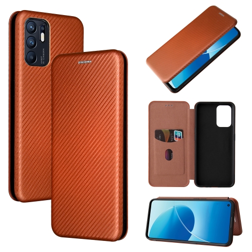 

For OPPO Reno6 4G Carbon Fiber Texture Magnetic Horizontal Flip TPU + PC + PU Leather Case with Card Slot(Brown)