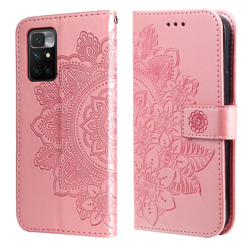 

For Xiaomi Redmi 10 7-petal Flowers Embossing Pattern Horizontal Flip PU Leather Case with Holder & Card Slots & Wallet & Photo Frame(Rose Gold)