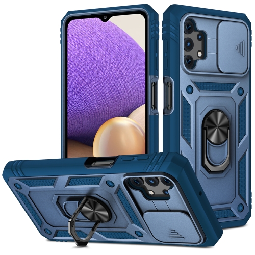 

For Samsung Galaxy A32 5G Sliding Camera Cover Design TPU + PC Protective Case with 360 Degree Rotating Holder & Card Slot(Blue+Blue)