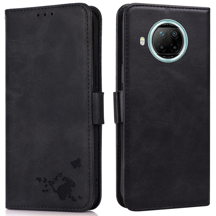 

For Xiaomi Redmi Note 9 Pro 5G Embossed Cat Butterflies Pattern Horizontal Flip Leather Case with Card Slot & Holder & Wallet(Black)
