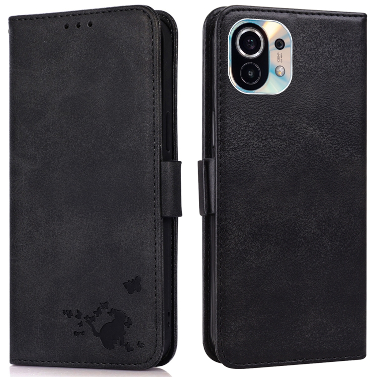 

For Xiaomi Mi 11 Embossed Cat Butterflies Pattern Horizontal Flip Leather Case with Card Slot & Holder & Wallet(Black)