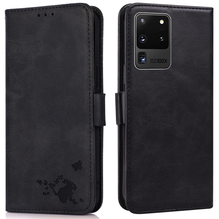 

For Samsung Galaxy S20 Ultra Embossed Cat Butterflies Pattern Horizontal Flip Leather Case with Card Slot & Holder & Wallet(Black)