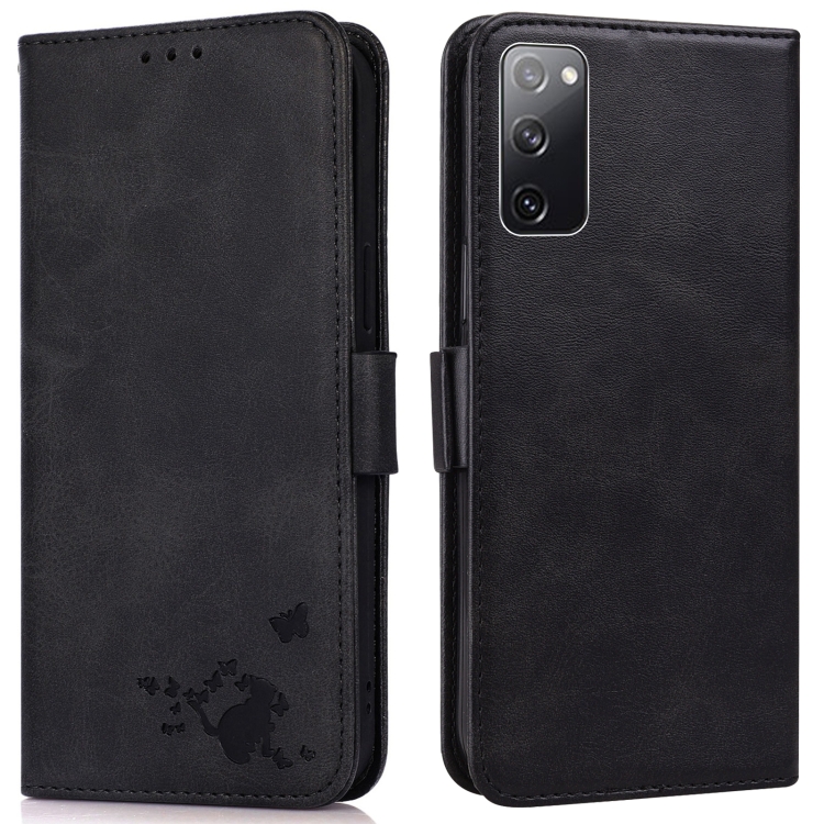 

For Samsung Galaxy S20 FE Embossed Cat Butterflies Pattern Horizontal Flip Leather Case with Card Slot & Holder & Wallet(Black)