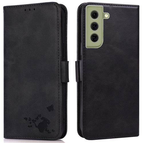 

For Samsung Galaxy S21 FE 5G Embossed Cat Butterflies Pattern Horizontal Flip Leather Case with Card Slot & Holder & Wallet(Black)