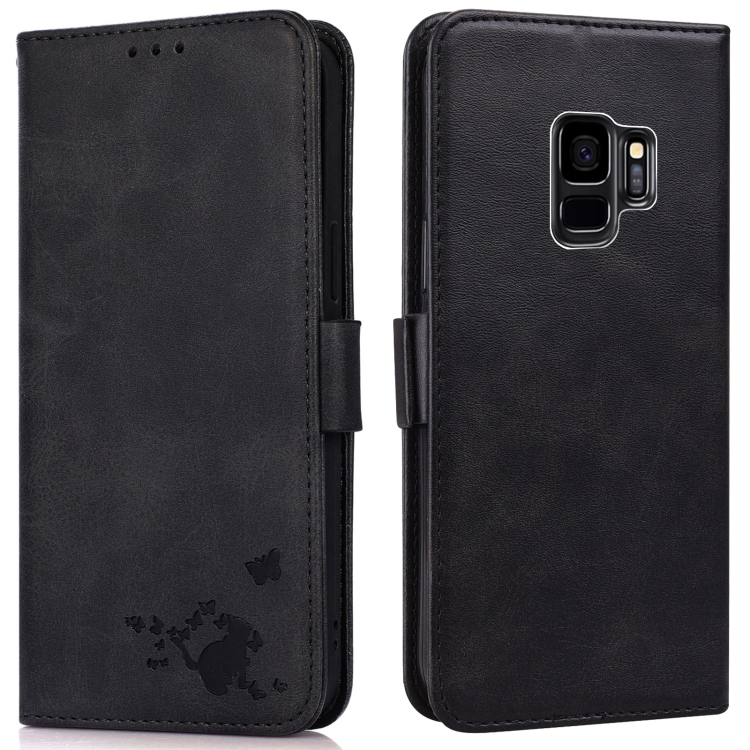 

For Samsung Galaxy S9+ Embossed Cat Butterflies Pattern Horizontal Flip Leather Case with Card Slot & Holder & Wallet(Black)