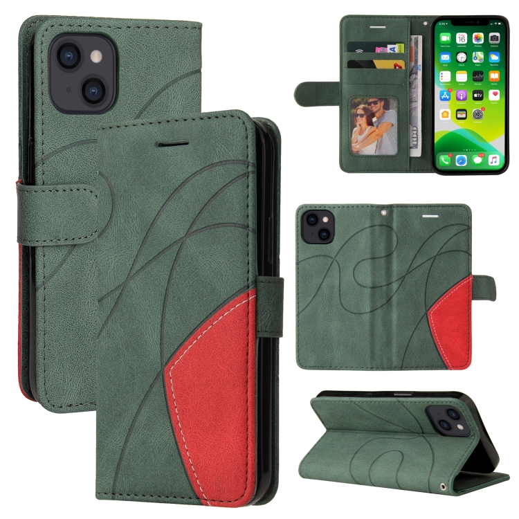 

Dual-color Splicing Horizontal Flip PU Leather Case with Holder & Card Slots & Wallet For iPhone 13(Green)
