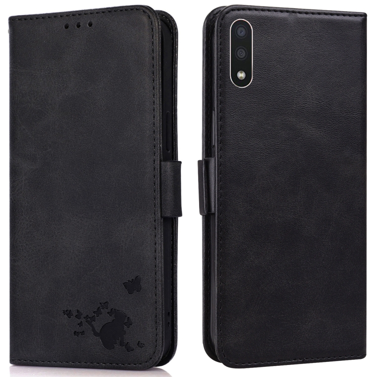 

For Samsung Galaxy A01 Embossed Cat Butterflies Pattern Horizontal Flip Leather Case with Card Slot & Holder & Wallet(Black)