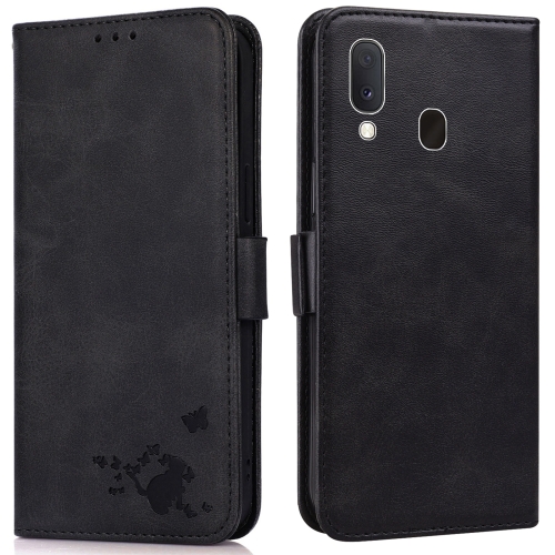 

For Samsung Galaxy A20 / A30 Embossed Cat Butterflies Pattern Horizontal Flip Leather Case with Card Slot & Holder & Wallet(Black)