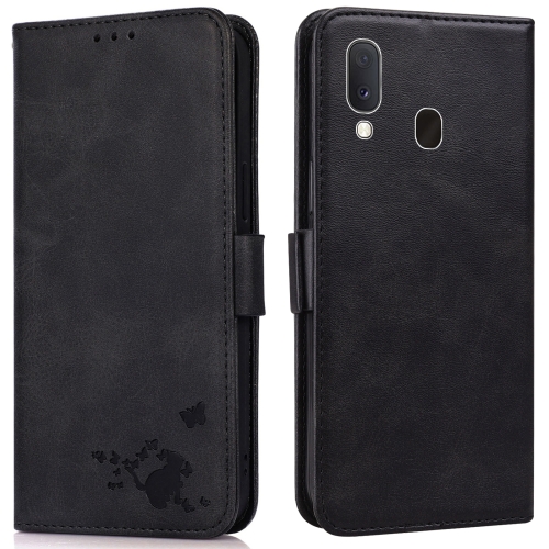 

For Samsung Galaxy A20e Embossed Cat Butterflies Pattern Horizontal Flip Leather Case with Card Slot & Holder & Wallet(Black)