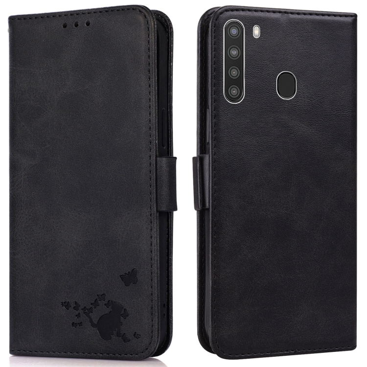 

For Samsung Galaxy A21 Embossed Cat Butterflies Pattern Horizontal Flip Leather Case with Card Slot & Holder & Wallet(Black)