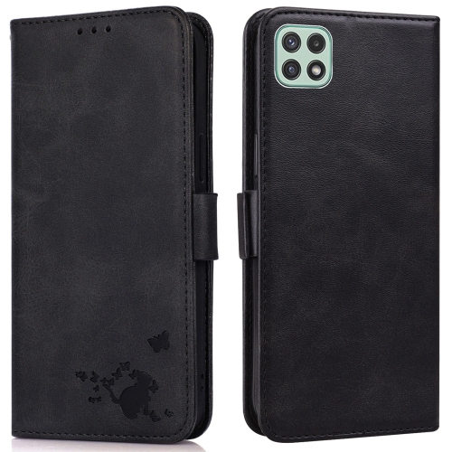 

For Samsung Galaxy A22 5G Embossed Cat Butterflies Pattern Horizontal Flip Leather Case with Card Slot & Holder & Wallet(Black)