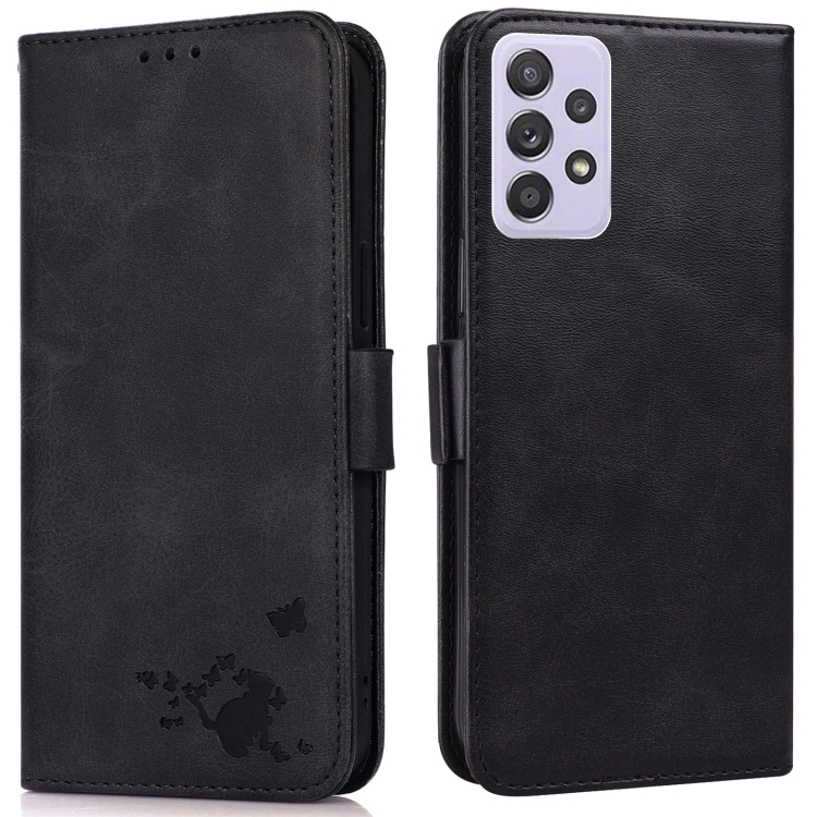 

For Samsung Galaxy A72 5G Embossed Cat Butterflies Pattern Horizontal Flip Leather Case with Card Slot & Holder & Wallet(Black)