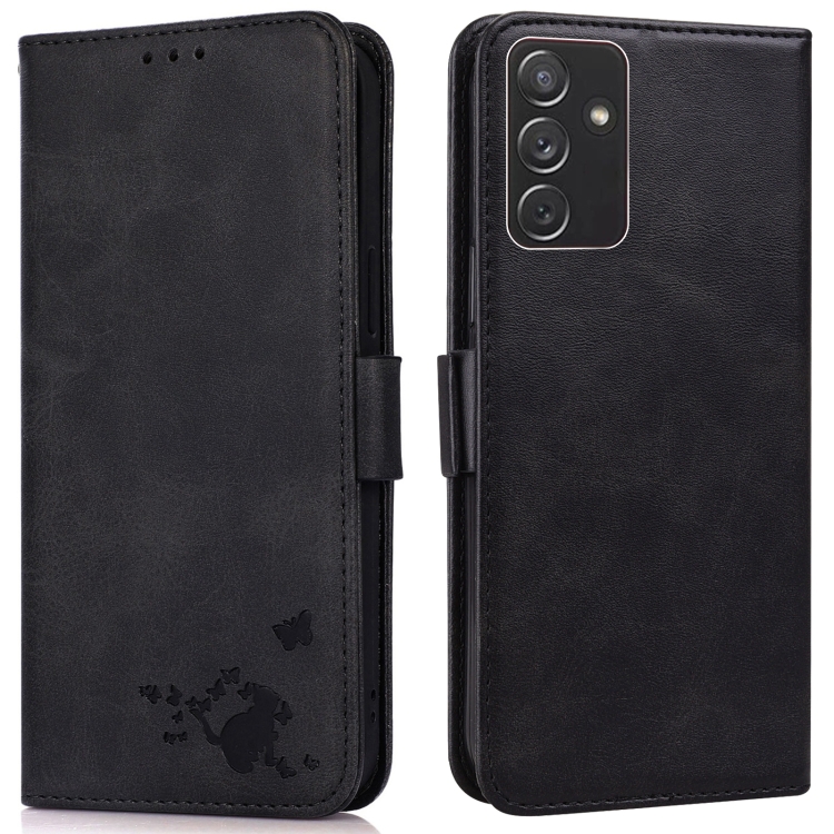 

For Samsung Galaxy A82 5G Embossed Cat Butterflies Pattern Horizontal Flip Leather Case with Card Slot & Holder & Wallet(Black)