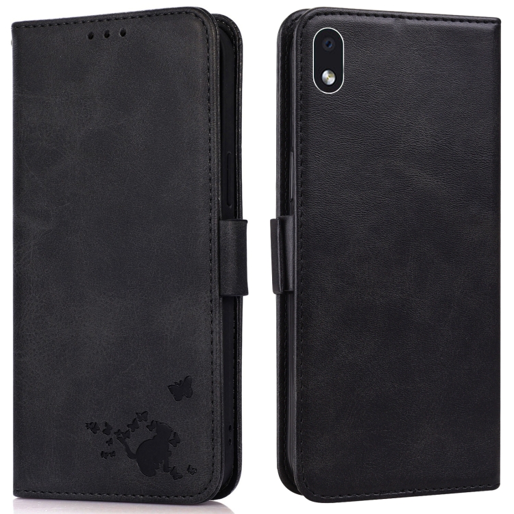 

For Samsung Galaxy A01 Core Embossed Cat Butterflies Pattern Horizontal Flip Leather Case with Card Slot & Holder & Wallet(Black)