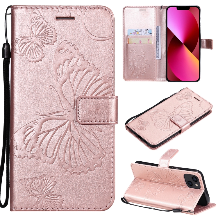 

3D Butterfly Embossed Pattern Horizontal Flip Leather Case with Holder & Card Slot & Wallet & Lanyard For iPhone 13(Rose Gold)
