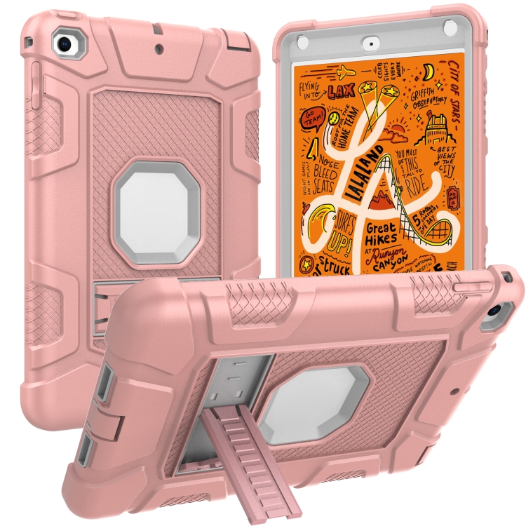 

C5 Four Corners Shockproof Silicone + PC Protective Case with Holder For iPad mini 5 / 4(Rose Gold + Grey)