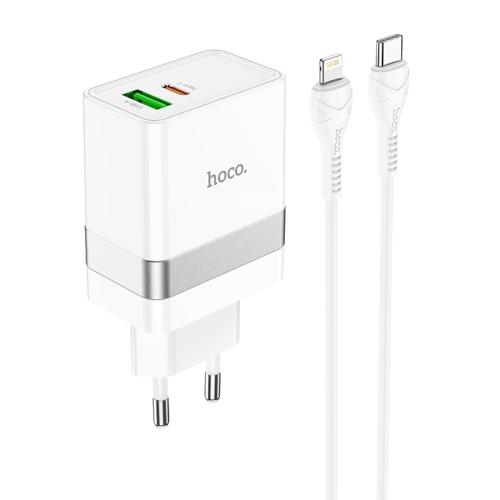 

hoco N21 PD 30W Type-C / USB-C + QC 3.0 USB Mini Fast Charger with Type-C / USB-C to 8 Pin Data Cable , EU Plug(White)