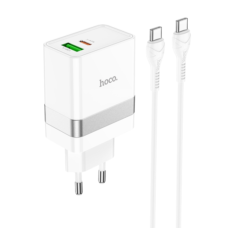 

hoco N21 PD 30W Type-C / USB-C + QC 3.0 USB Mini Fast Charger with Type-C / USB-C to Type-C / USB-C Data Cable , EU Plug(White)