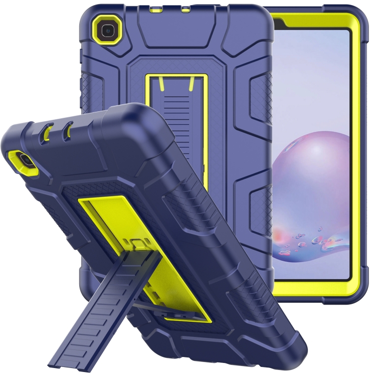 

For Samsung Galaxy Tab A 8.4 T307 C5 Four Corners Shockproof Silicone + PC Protective Case with Holder(Navy Blue + Lemon Yellow)