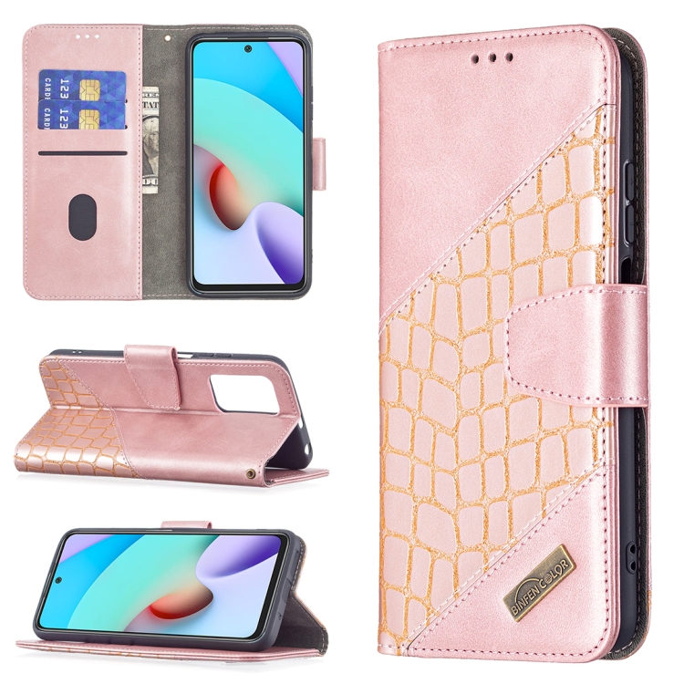 

For Xiaomi Redmi 10 Matching Color Crocodile Texture Horizontal Flip PU Leather Case with Wallet & Holder & Card Slots(Rose Gold)