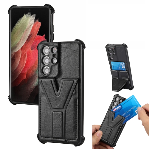 

For Samsung Galaxy S21 Ultra 5G Y Style Multifunction Card Stand Back Cover PU + TPU + PC Magnetic Shockproof Case(Black)