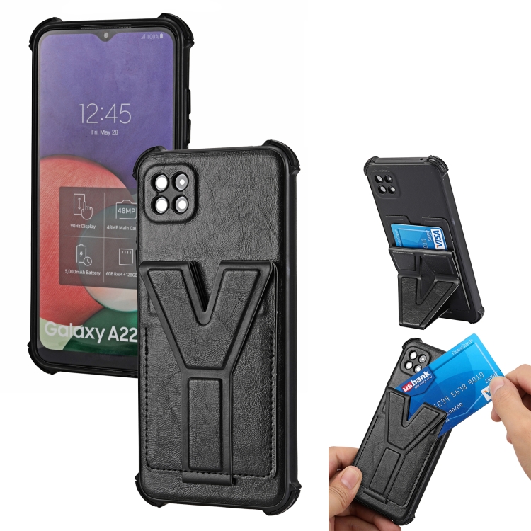

For Samsung Galaxy A22 5G Y Style Multifunction Card Stand Back Cover PU + TPU + PC Magnetic Shockproof Case(Black)