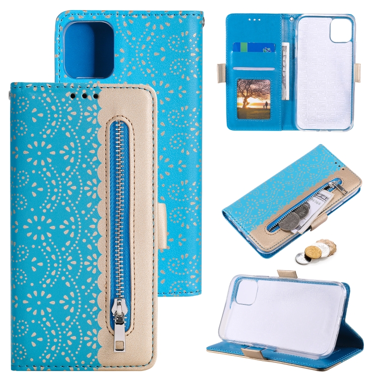 

Lace Pattern Double Button Zipper Horizontal Flip Leather Case with Holder & Card Slots & Wallet For iPhone 13 Pro(Blue)