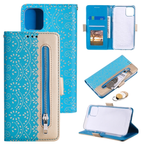 

Lace Pattern Double Button Zipper Horizontal Flip Leather Case with Holder & Card Slots & Wallet For iPhone 13(Blue)