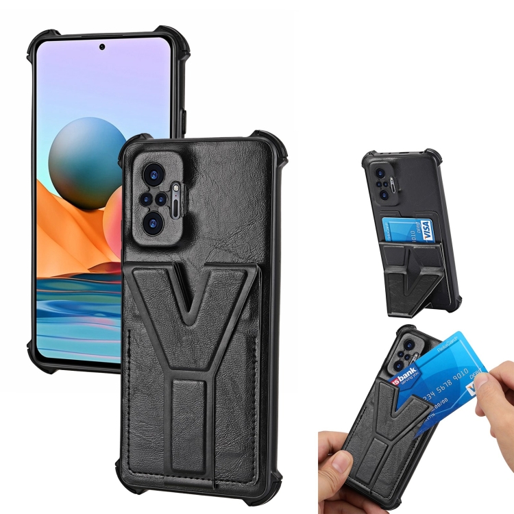 

For Xiaomi Redmi Note 10 Pro Y Style Multifunction Card Stand Back Cover PU + TPU + PC Magnetic Shockproof Case(Black)