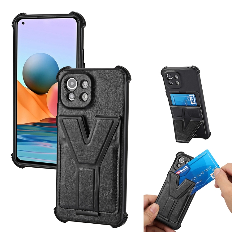 

For Xiaomi Mi 11 Lite Y Style Multifunction Card Stand Back Cover PU + TPU + PC Magnetic Shockproof Case(Black)