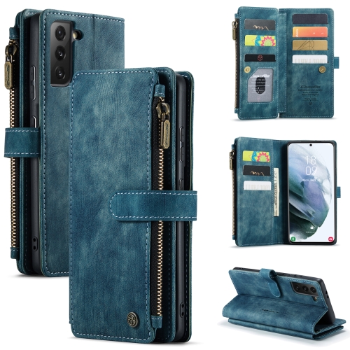 

For Samsung Galaxy S21 FE CaseMe-C30 PU + TPU Multifunctional Horizontal Flip Leather Case with Holder & Card Slot & Wallet & Zipper Pocket(Blue)