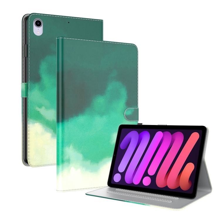 

Watercolor Pattern Skin Feel Magnetic Horizontal Flip PU Leather Tablet Case with Holder & Card Slots & Photo Frame For iPad mini 6(Cyan Green)