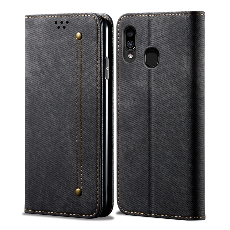 

For Galaxy A20 / A30 Denim Texture Casual Style Horizontal Flip Leather Case with Holder & Card Slots & Wallet(Black)