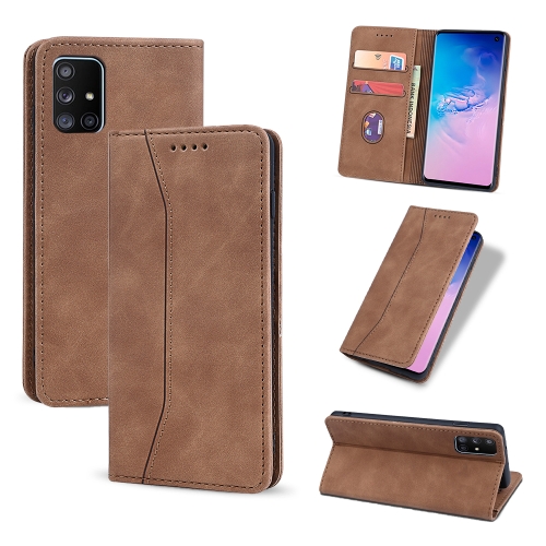 

For Samsung Galaxy A51 5G Skin-feel Calfskin Texture Magnetic Dual-Fold Horizontal Flip Leather Case with Holder & Card Slots & Wallet(Brown)