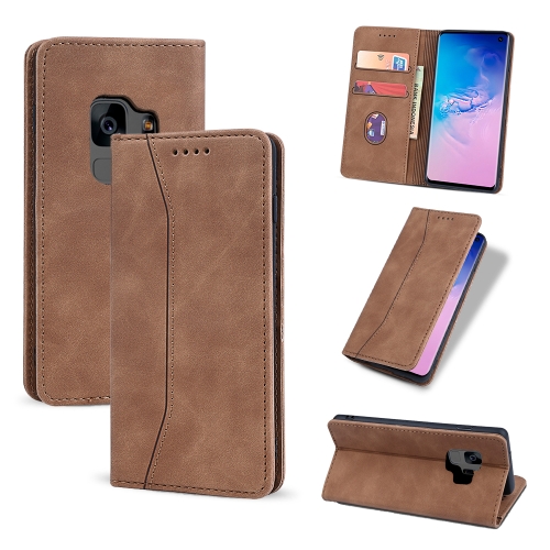 

For Samsung Galaxy S9 Skin-feel Calfskin Texture Magnetic Dual-Fold Horizontal Flip Leather Case with Holder & Card Slots & Wallet(Brown)