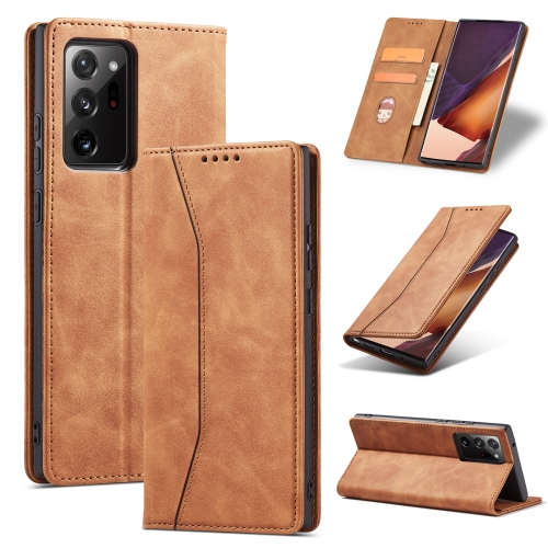 

For Samsung Galaxy S20 Ultra 5G Skin-feel Calfskin Texture Magnetic Dual-Fold Horizontal Flip Leather Case with Holder & Card Slots & Wallet(Brown)