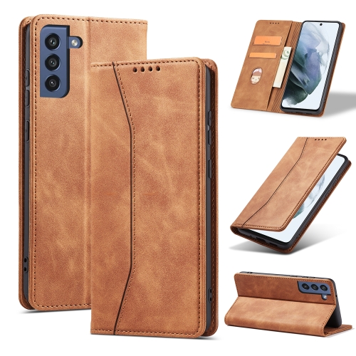 

For Samsung Galaxy S21 FE 5G Skin-feel Calfskin Texture Magnetic Dual-Fold Horizontal Flip Leather Case with Holder & Card Slots & Wallet(Brown)