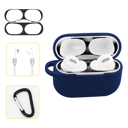 

For AirPods Pro Silicone Wireless Earphone Protective Case Storage Box with Hook & Anti-drop Rope(Blue+Black Inner Sticker)