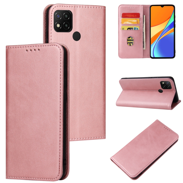 

For Xiaomi Redmi 9C Calf Texture Magnetic Horizontal Flip Leather Case with Holder & Card Slots & Wallet(Rose Gold)