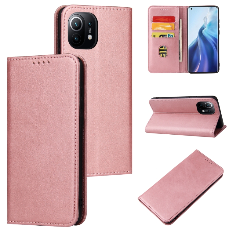

For Xiaomi Mi 11 Calf Texture Magnetic Horizontal Flip Leather Case with Holder & Card Slots & Wallet(Rose Gold)