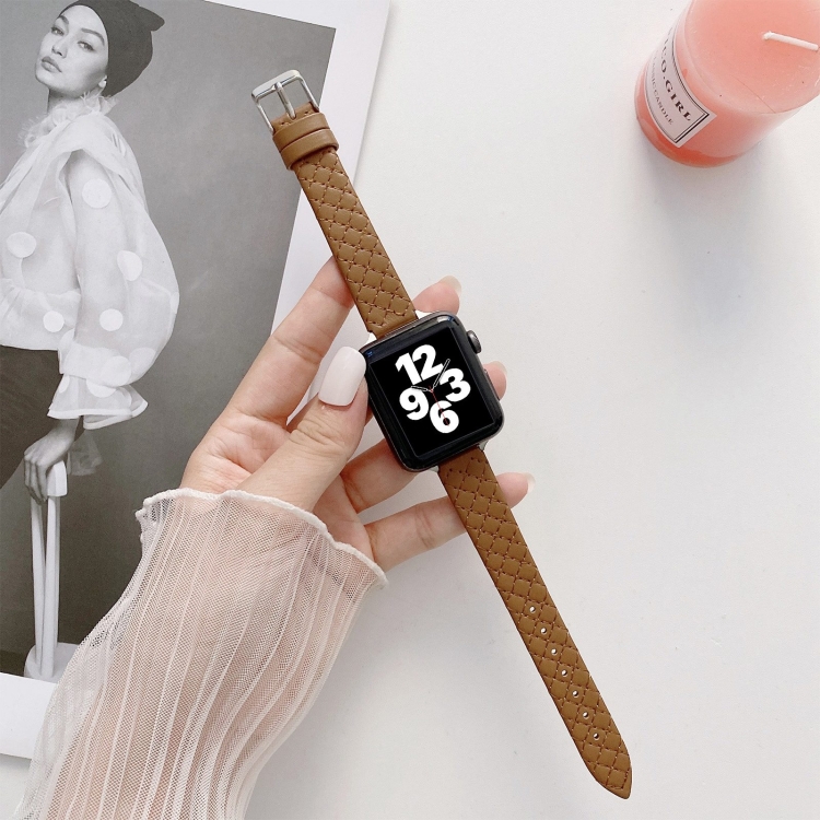 

Checkered Leather Replacement Strap Watchband For Apple Watch Series 7 41mm/6&SE&5&4 40mm/3&2&1 38mm(Brown)
